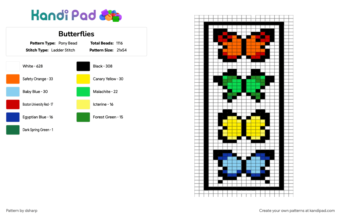 Butterflies - Pony Bead Pattern by dsharp on Kandi Pad - light blue, orange, white, yellow