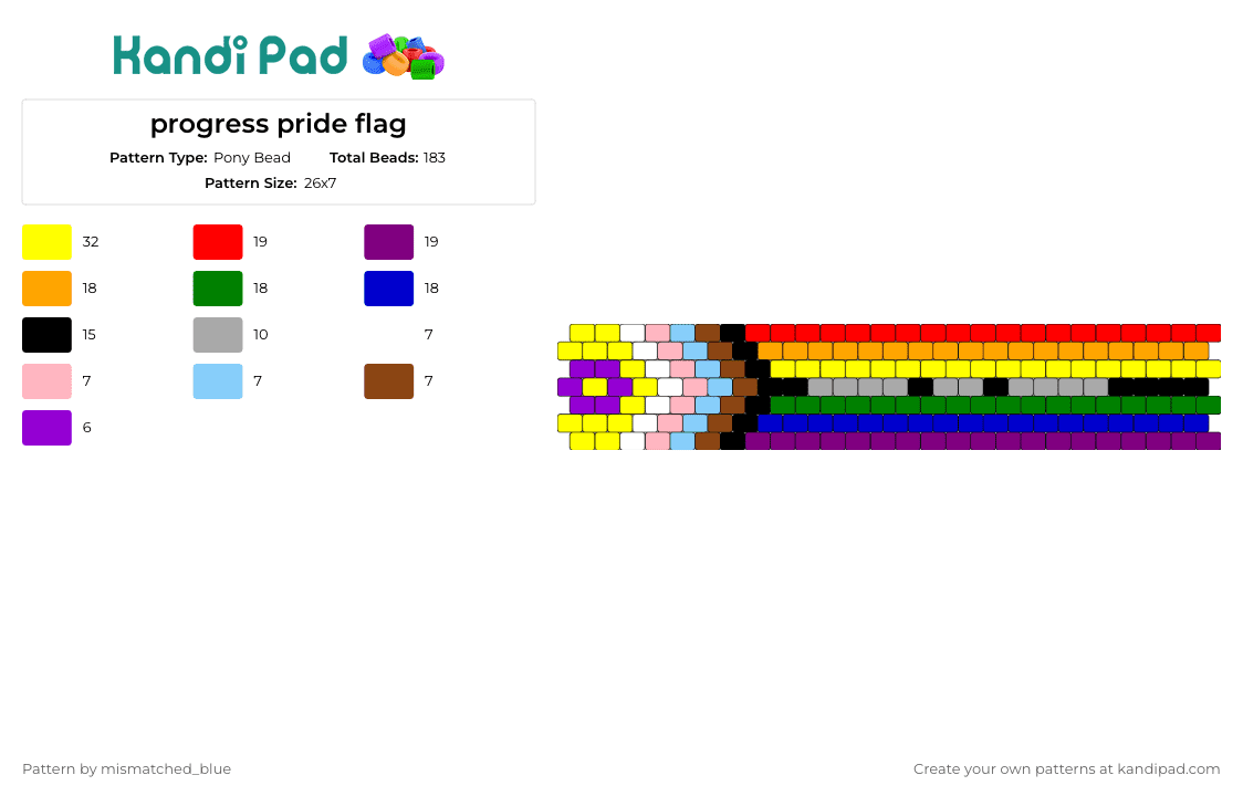 progress pride flag (gray is for letter beads “love is love”) - Pony Bead Pattern by mismatched_blue on Kandi Pad - progress,pride,flag,love,colorful,community,support,cuff