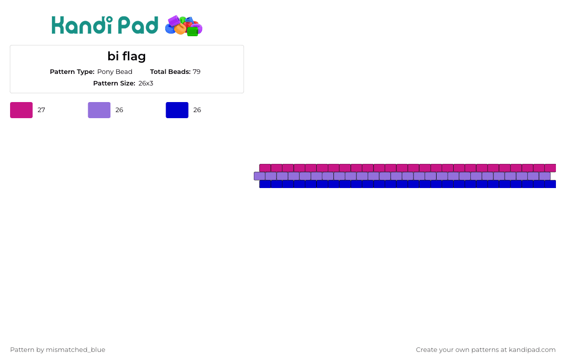 bi flag - Pony Bead Pattern by mismatched_blue on Kandi Pad - bisexual,pride,flag,bracelet,cuff,purple