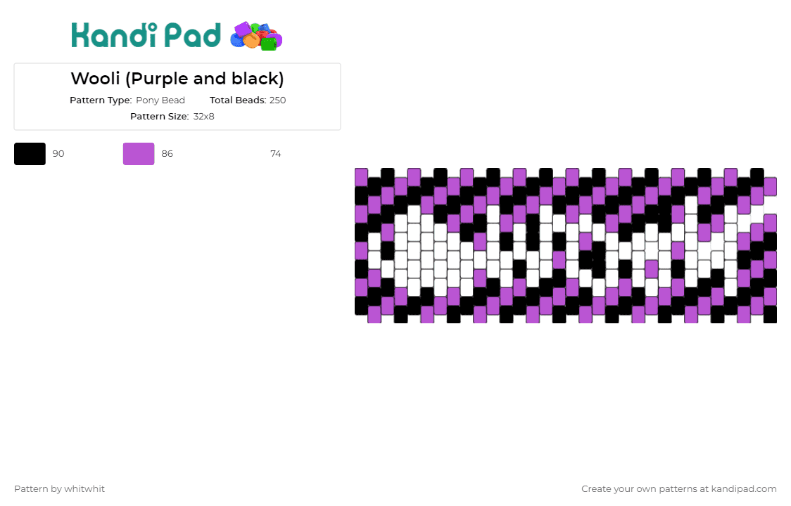 Wooli (Purple and black) - Pony Bead Pattern by whitwhit on Kandi Pad - wooli,dj,text,diagonal,stripes,cuff,music,edm,white,purple