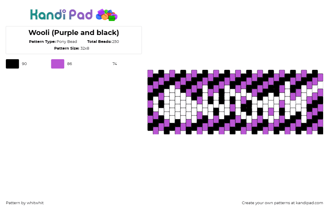 Wooli (Purple and black) - Pony Bead Pattern by whitwhit on Kandi Pad - wooli,dj,text,diagonal,stripes,cuff,music,edm,white,purple