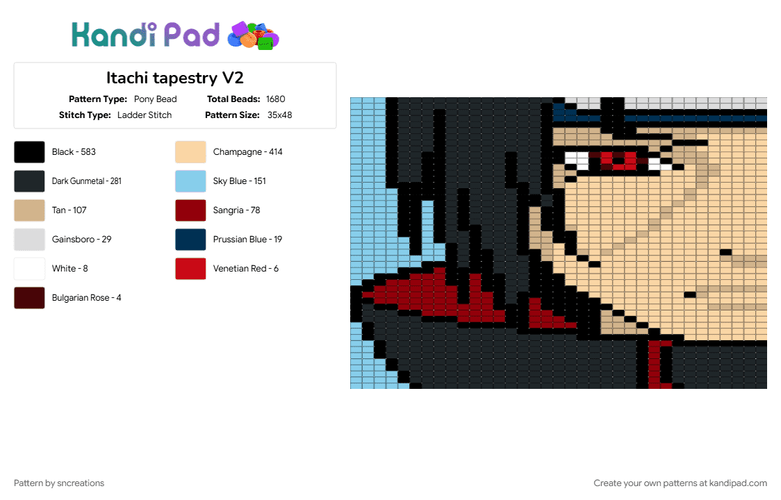 Itachi tapestry V2 - Pony Bead Pattern by sncreations on Kandi Pad - beige, black, light blue