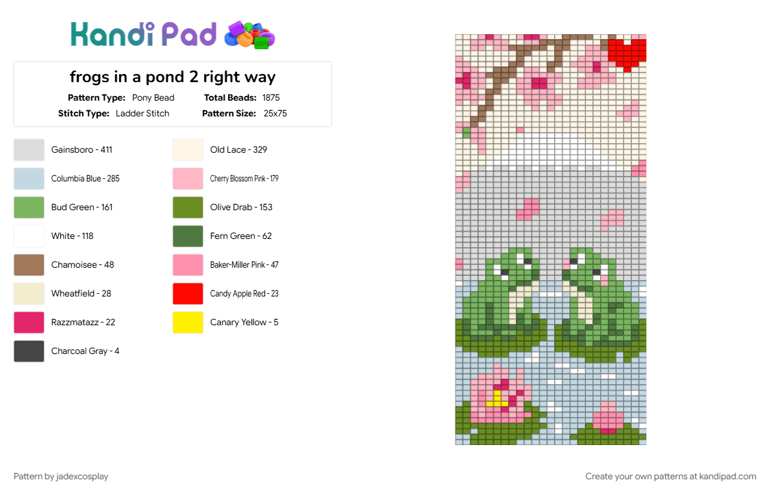 frogs in a pond 2 right way - Pony Bead Pattern by jadexcosplay on Kandi Pad - green, pink, white