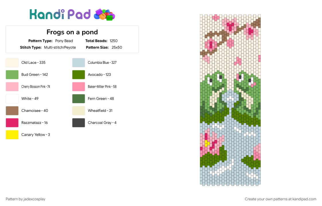 Frogs on a pond - Pony Bead Pattern by jadexcosplay on Kandi Pad - green, pink, white