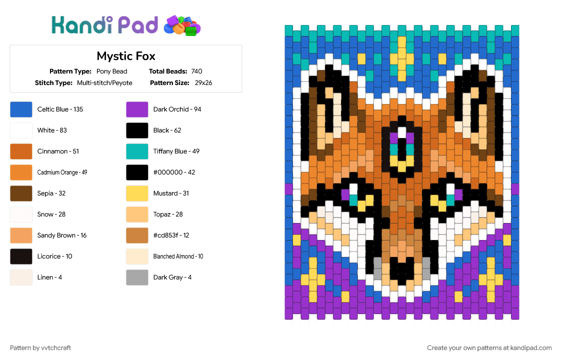 Mystic Fox - Pony Bead Pattern by vvtchcraft on Kandi Pad - animal, animals, banner, blue, cotdsubconscious, fox, orange, panel, purple