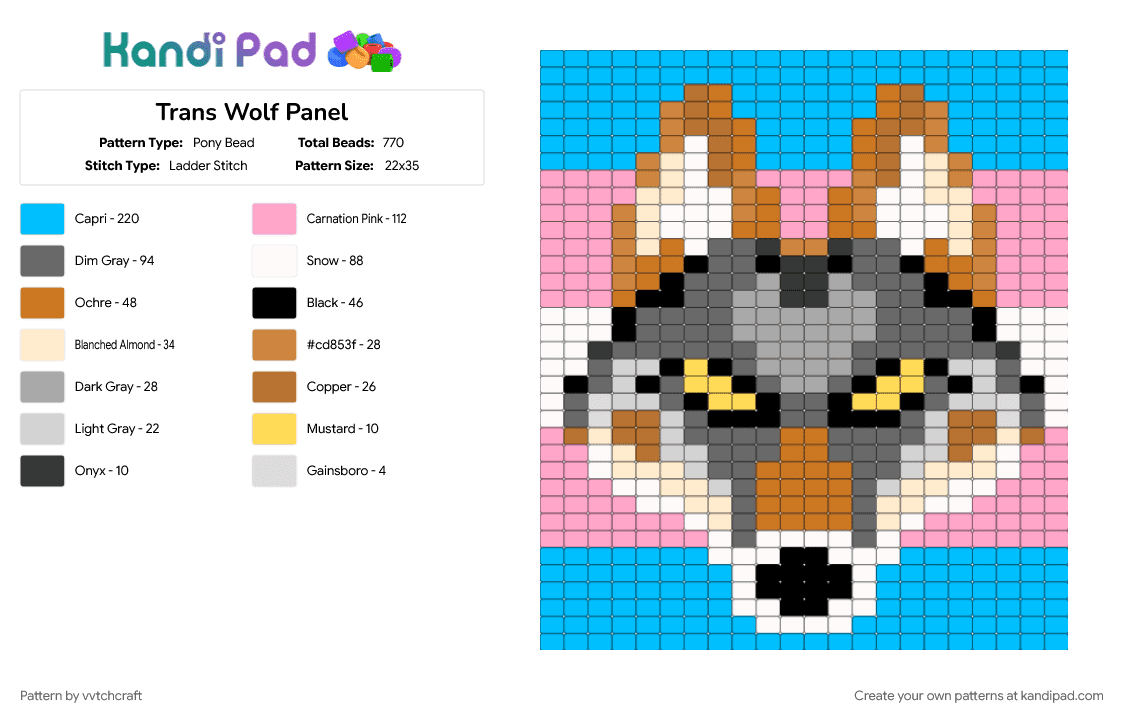 Trans Wolf Panel - Pony Bead Pattern by vvtchcraft on Kandi Pad - gray, light blue, pink, trans, transgender, wolf