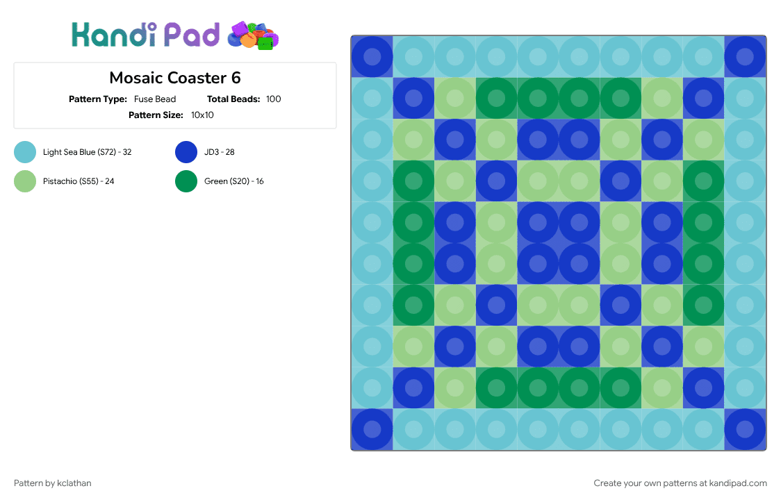 Mosaic Coaster 6 - Fuse Bead Pattern by kclathan on Kandi Pad - light blue, purple, teal