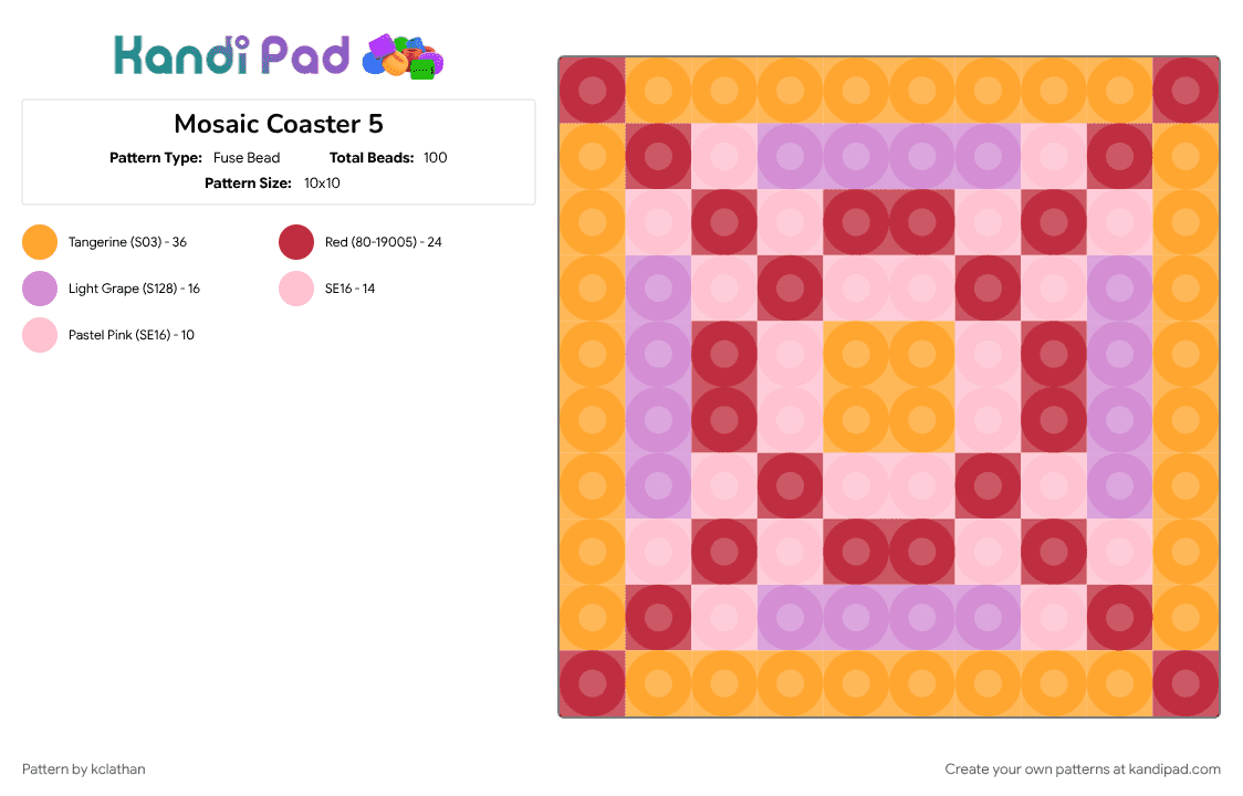 Mosaic Coaster 5 - Fuse Bead Pattern by kclathan on Kandi Pad - orange, pink