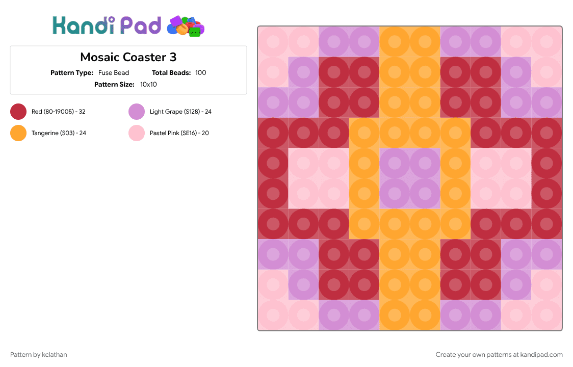 Mosaic Coaster 3 - Fuse Bead Pattern by kclathan on Kandi Pad - pink, red