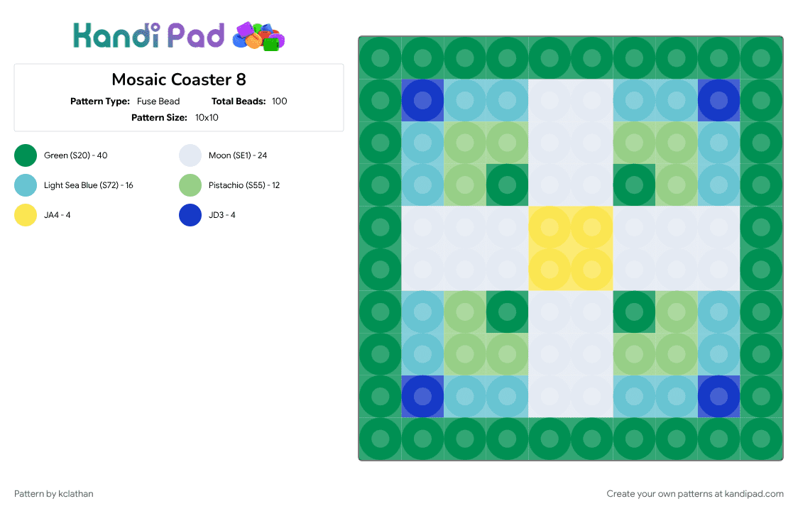 Mosaic Coaster 8 - Fuse Bead Pattern by kclathan on Kandi Pad - green, light blue