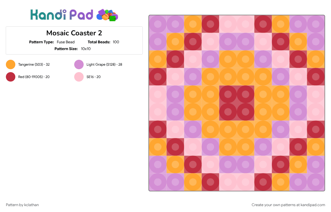Mosaic Coaster 2 - Fuse Bead Pattern by kclathan on Kandi Pad - orange, pink
