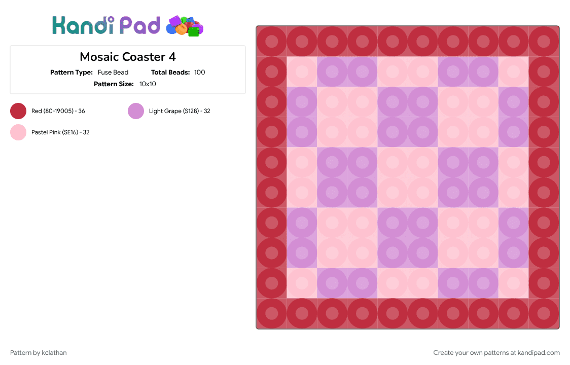 Mosaic Coaster 4 - Fuse Bead Pattern by kclathan on Kandi Pad - pink, red