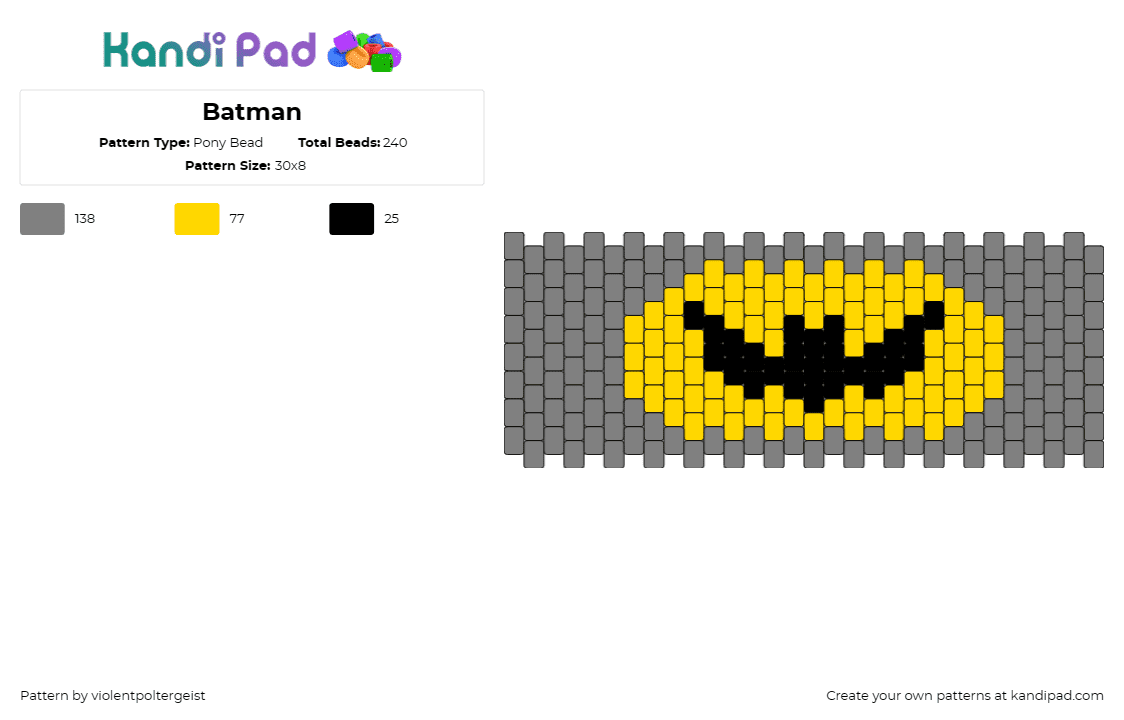 Batman - Pony Bead Pattern by violentpoltergeist on Kandi Pad - batman,dark knight,superhero,comic,movie,cuff,gray,yellow