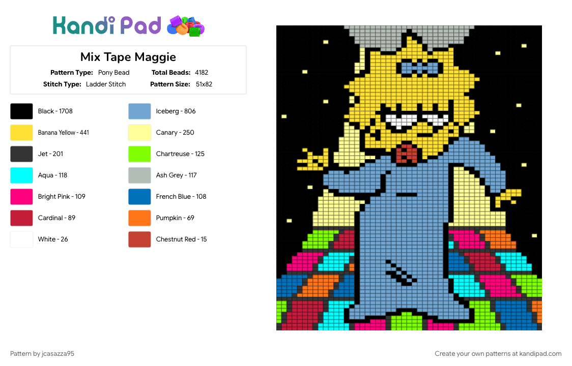 Mix Tape Maggie - Pony Bead Pattern by jcasazza95 on Kandi Pad - black, light blue, yellow