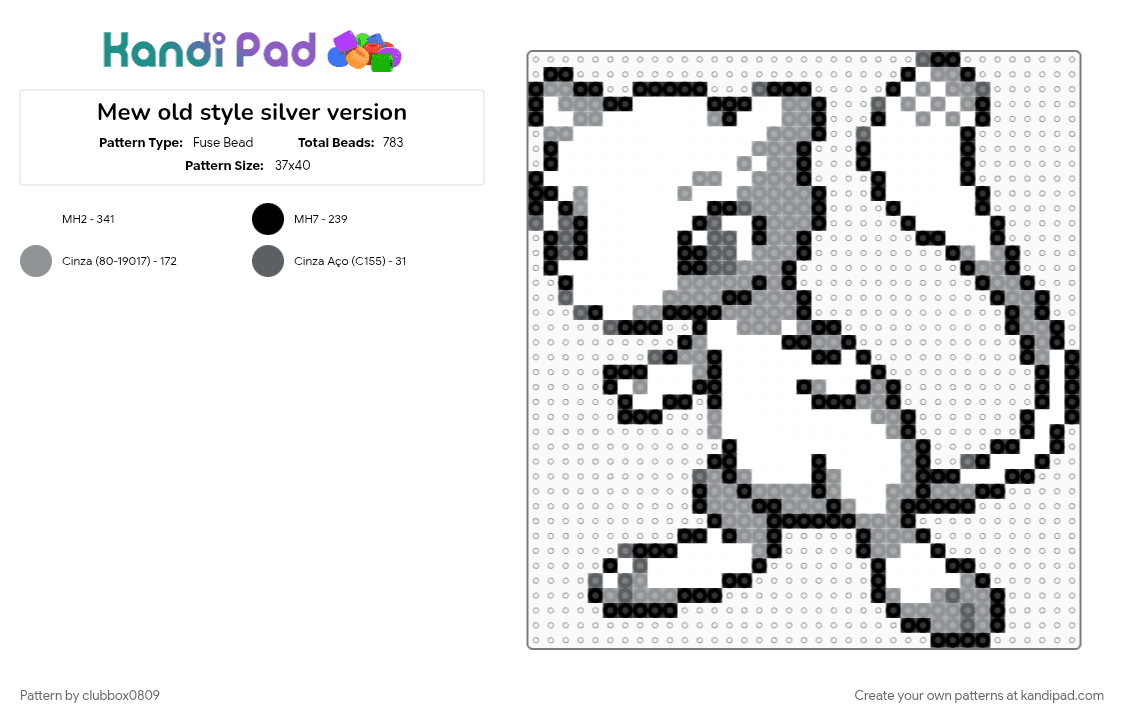 Mew old style silver version - Fuse Bead Pattern by clubbox0809 on Kandi Pad - gray, mew, pokemon, white