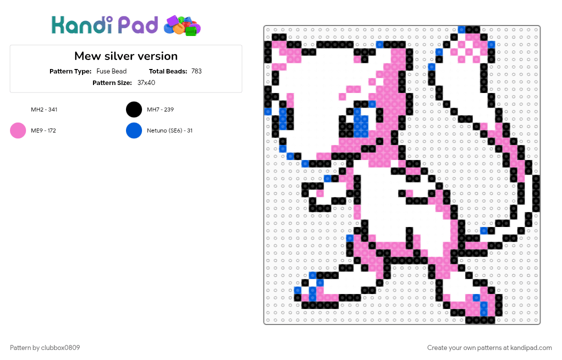 Mew silver version - Fuse Bead Pattern by clubbox0809 on Kandi Pad - mew, pink, pokemon, white