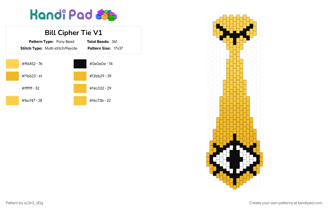 Bill Cipher Tie V1 - Pony Bead Pattern by sc3n3_d0g on Kandi Pad - bill cipher, black, cartoon, character, gradient, gravity falls, tie, yellow