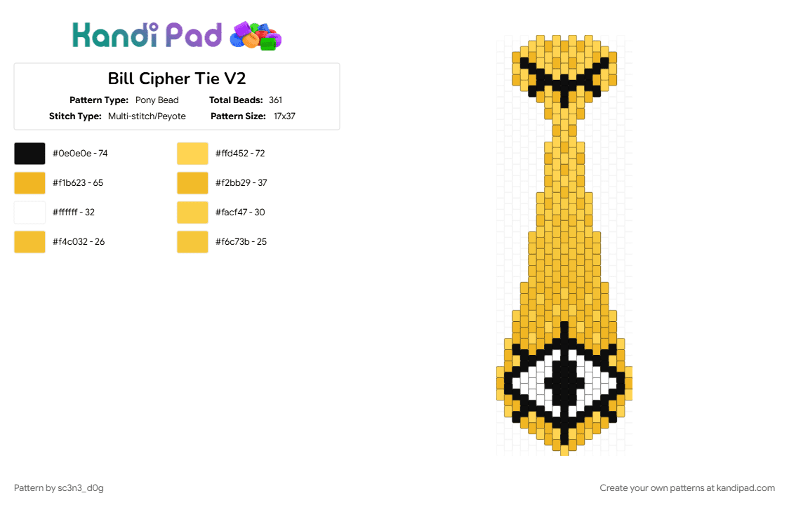 Bill Cipher Tie V2 - Pony Bead Pattern by sc3n3_d0g on Kandi Pad - bill cipher, cartoon, character, charm, disney, gravity falls, tv show, yellow