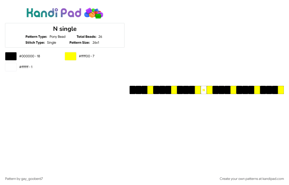N single - Pony Bead Pattern by gay_goober67 on Kandi Pad - black, yellow