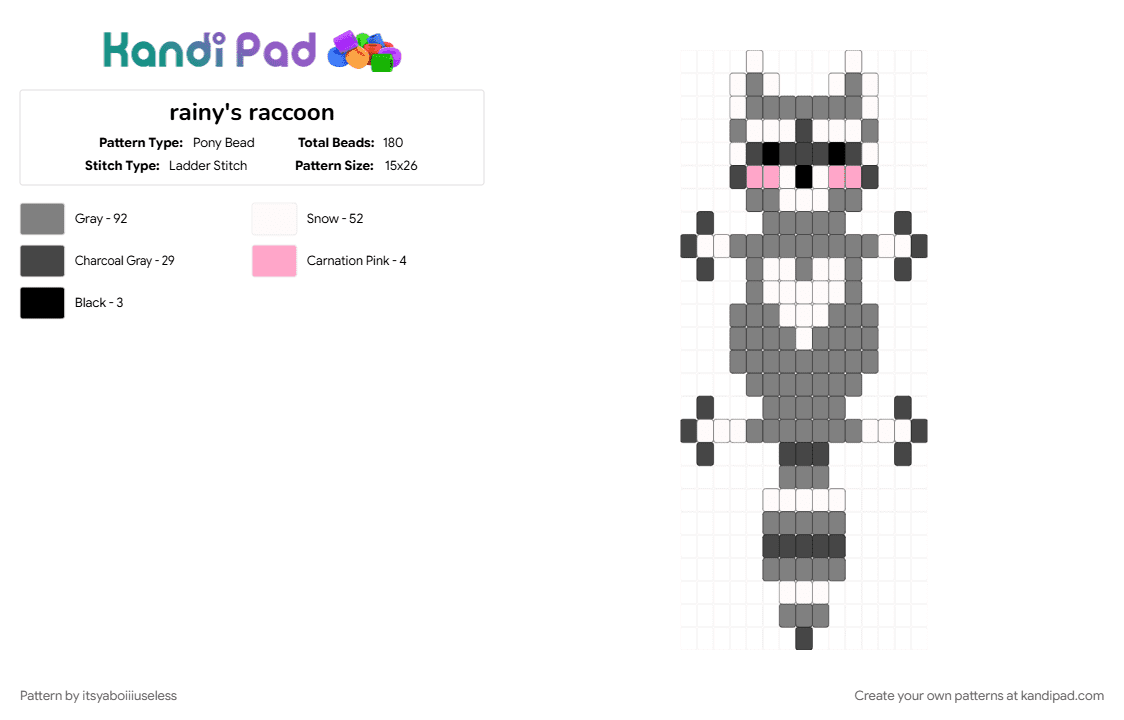 rainy\'s raccoon - Pony Bead Pattern by itsyaboiiiuseless on Kandi Pad - gray, ladder, raccoon, racoon, trash cat
