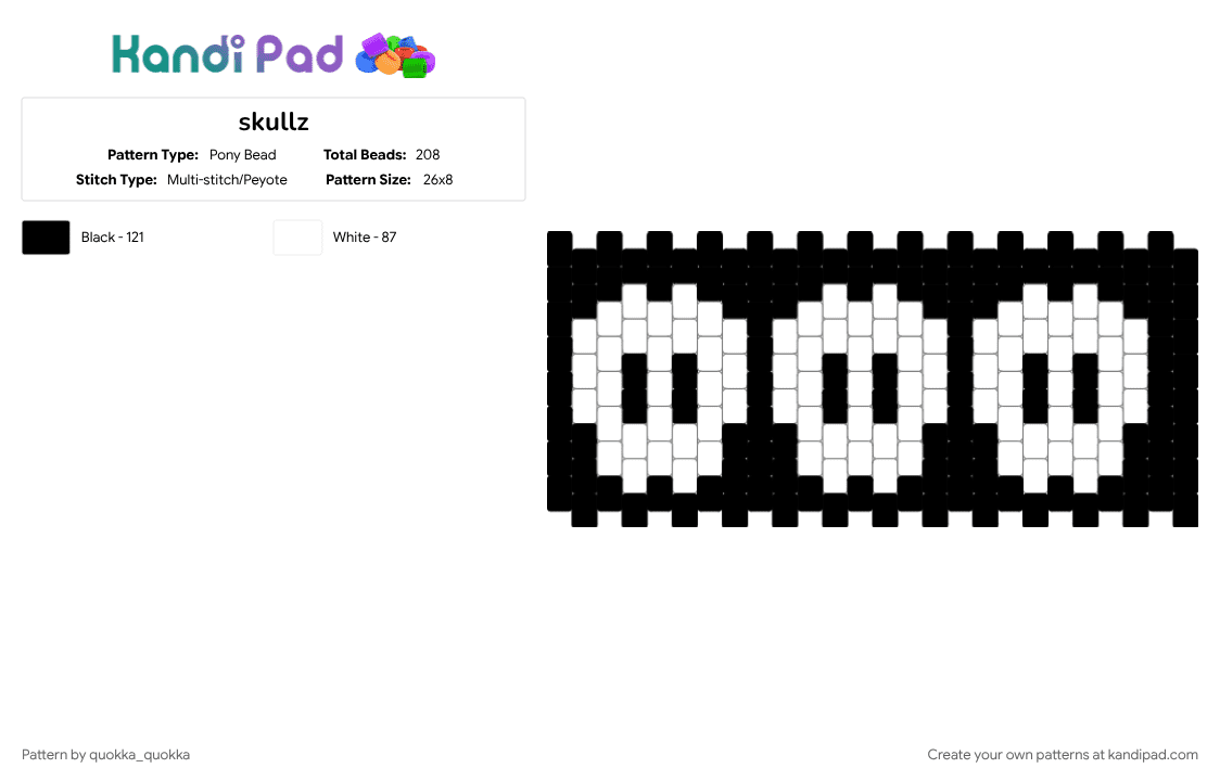 skullz - Pony Bead Pattern by quokka_quokka on Kandi Pad - black, black and white, skull, white