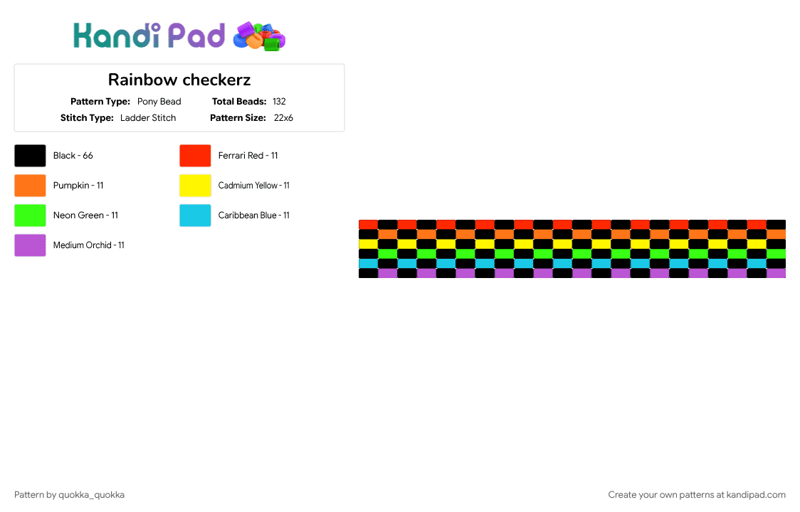 Rainbow checkerz - Pony Bead Pattern by quokka_quokka on Kandi Pad - black, checkered, colorful, green, orange, pink, rainbow