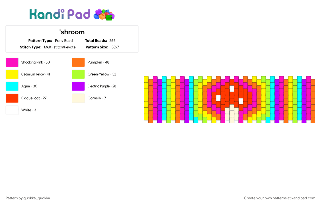 \'shroom - Pony Bead Pattern by quokka_quokka on Kandi Pad - mushroom, orange, pink, rainbow, yellow