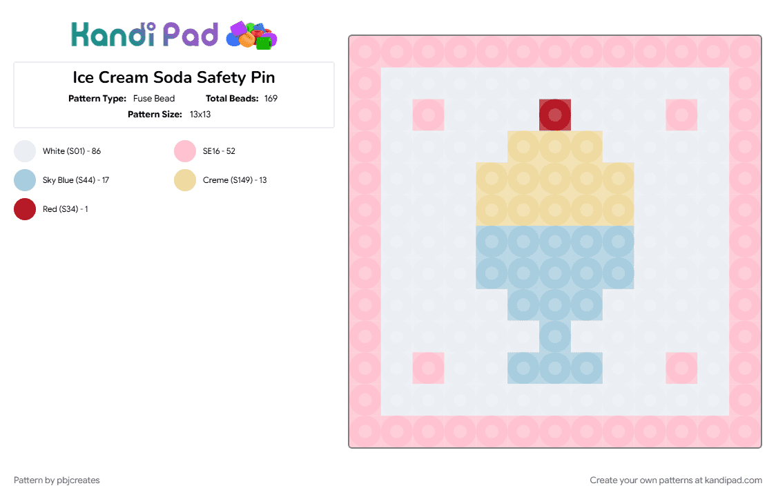 Ice Cream Soda Safety Pin - Fuse Bead Pattern by pbjcreates on Kandi Pad - cute, ice cream, pink, white