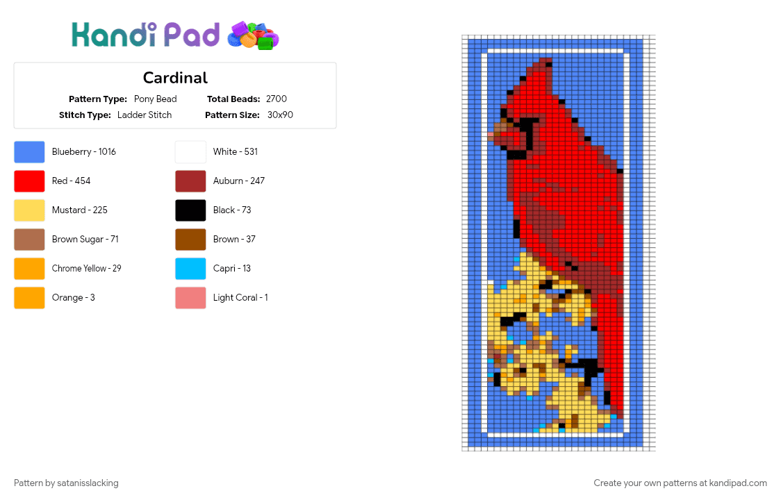 Cardinal - Pony Bead Pattern by satanisslacking on Kandi Pad - blue, red