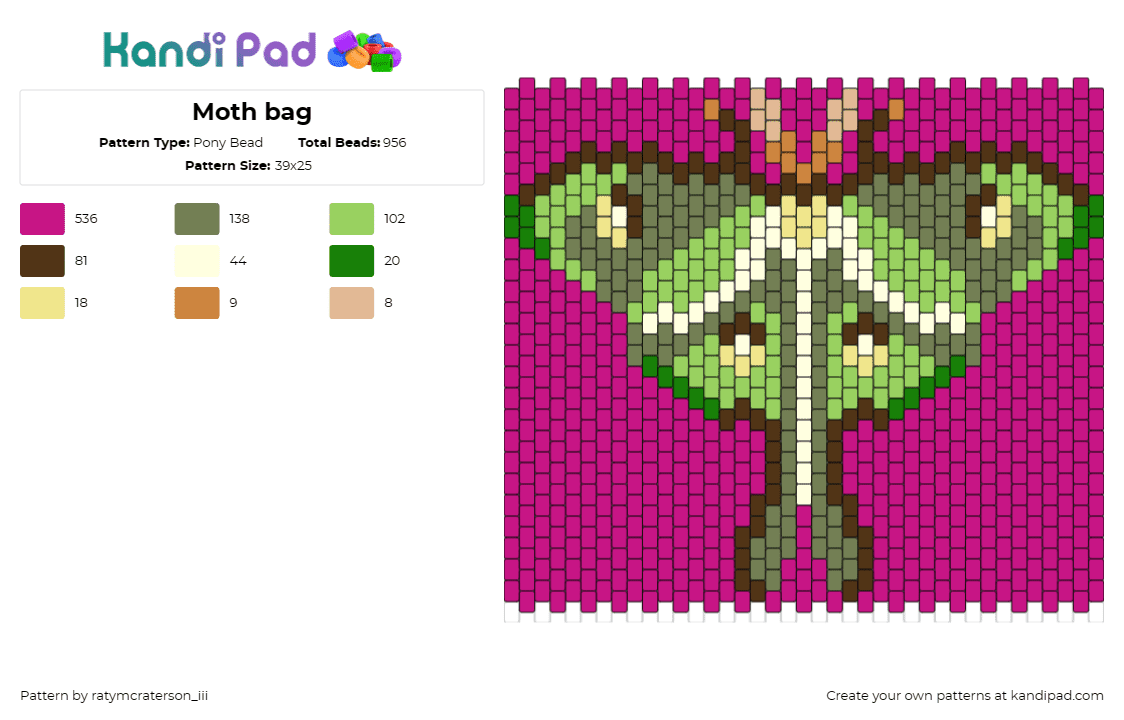 Moth bag - Pony Bead Pattern by ratymcraterson_iii on Kandi Pad - moth,insect,butterfly,panel,bag,nature,green,pink