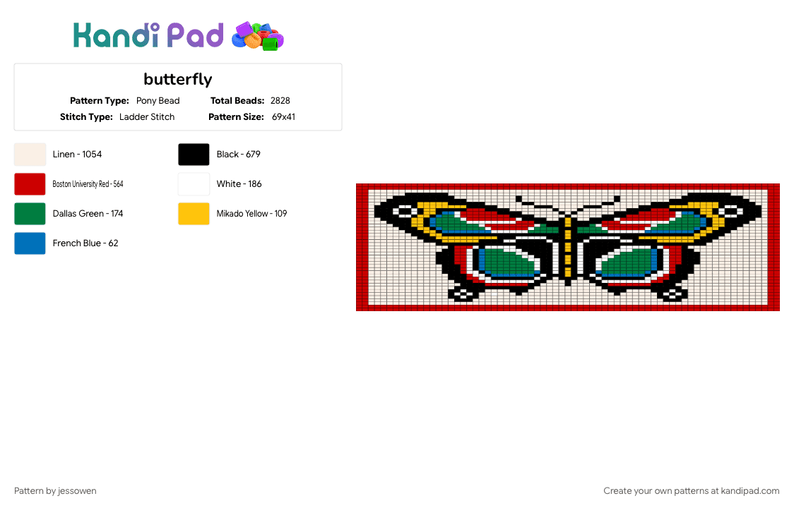butterfly - Pony Bead Pattern by jessowen on Kandi Pad - red, white