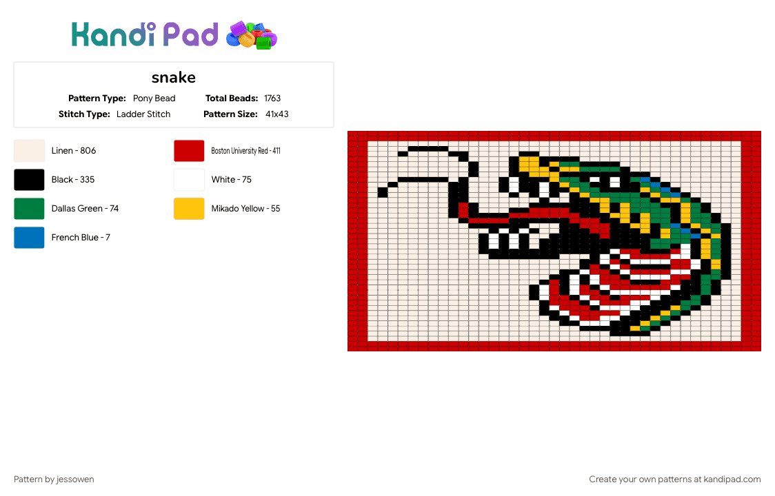 snake - Pony Bead Pattern by jessowen on Kandi Pad - red, white