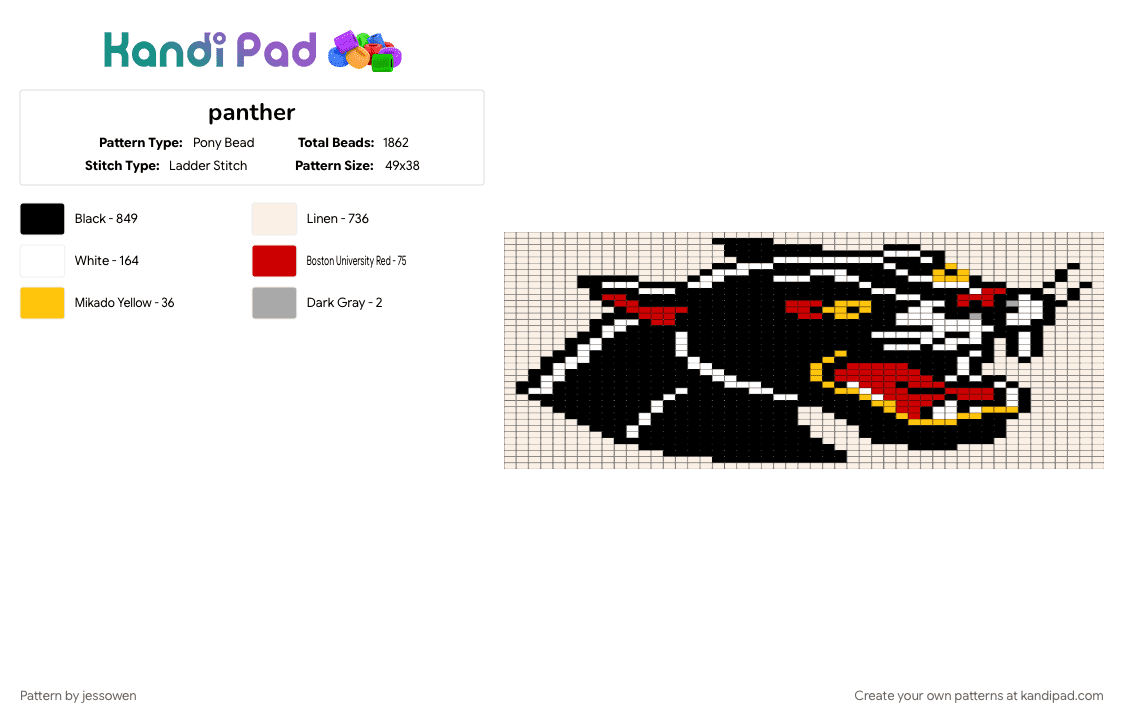 panther - Pony Bead Pattern by jessowen on Kandi Pad - red, white, yellow