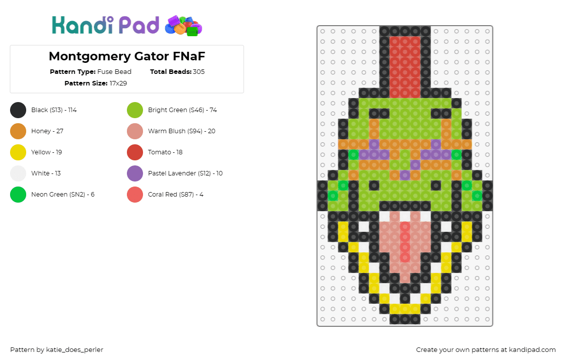 Montgomery Gator FNaF - Fuse Bead Pattern by katie_does_perler on Kandi Pad - montgomery gator,fnaf,five nights at freddys,video game,character,horror,alligat