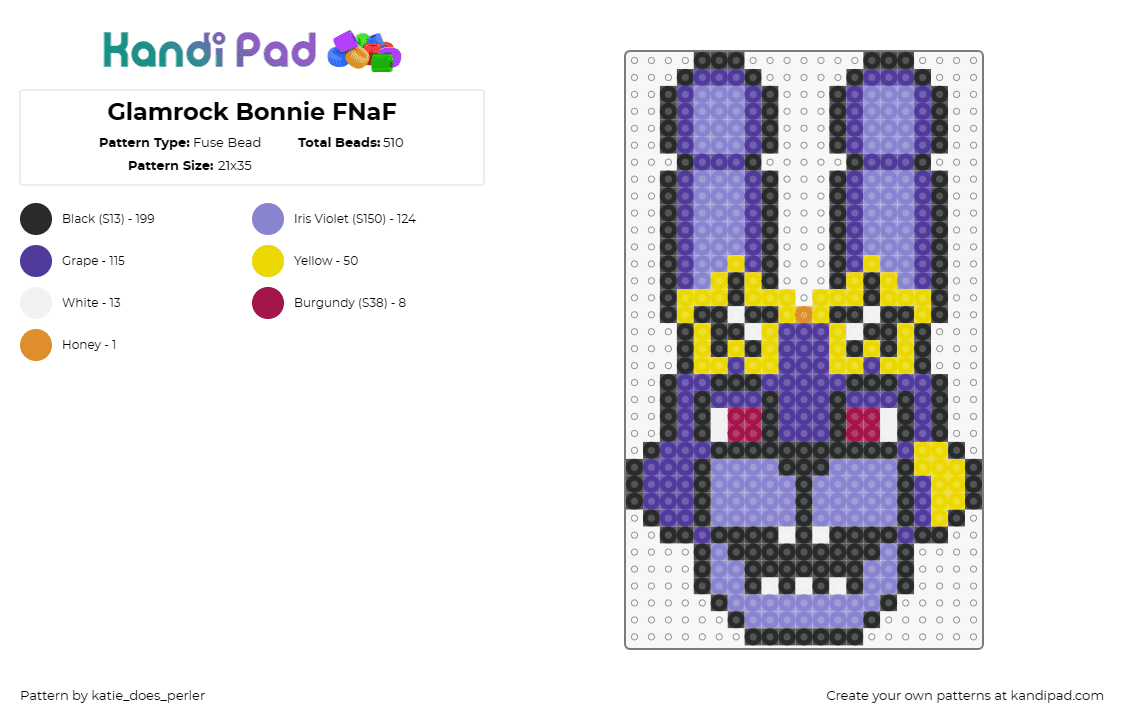 Glamrock Bonnie FNaF - Fuse Bead Pattern by katie_does_perler on Kandi Pad - bonnie,glamrock,fnaf,five nights at freddys,video game,character,horror,purple