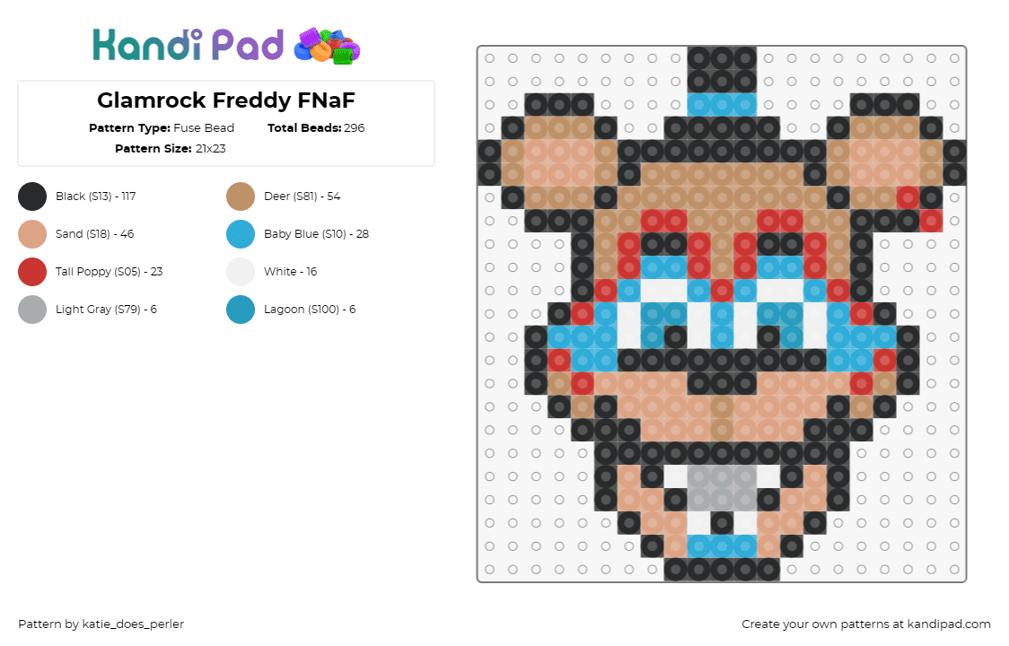 Glamrock Freddy FNaF - Fuse Bead Pattern by katie_does_perler on Kandi Pad - freddy fazbear,glamrock,fnaf,five nights at freddys,character,horror,video game,