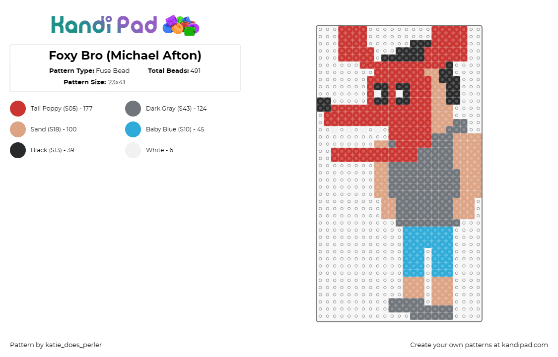 Foxy Bro (Michael Afton) - Fuse Bead Pattern by katie_does_perler on Kandi Pad - foxy bro,fnaf,five nights at freddys,character,mask,horror,video game,red,gray