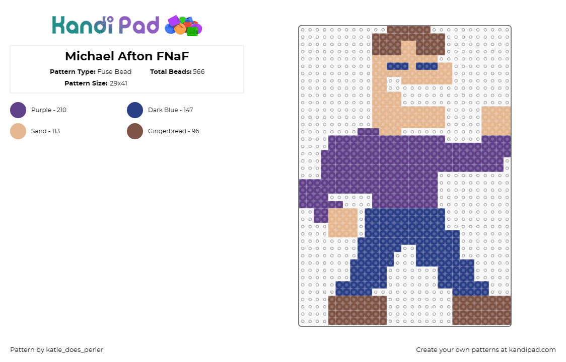 Michael Afton FNaF - Fuse Bead Pattern by katie_does_perler on Kandi Pad - michael afton,fnaf,five nights at freddys,video game,character,horror,purple,blue,tan