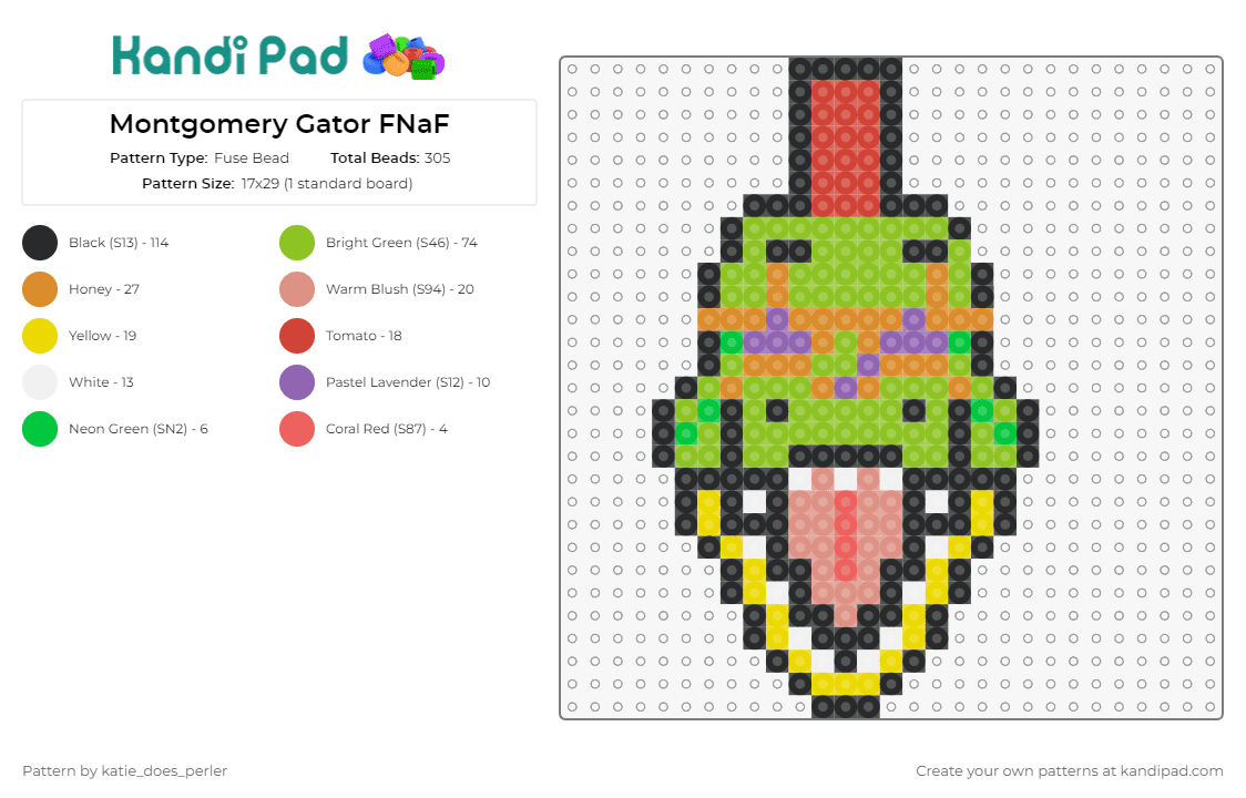 Montgomery Gator FNaF - Fuse Bead Pattern by katie_does_perler on Kandi Pad - montgomery gator,fnaf,five nights at freddys,video game,character,horror,alligator,mohawk,green,pink
