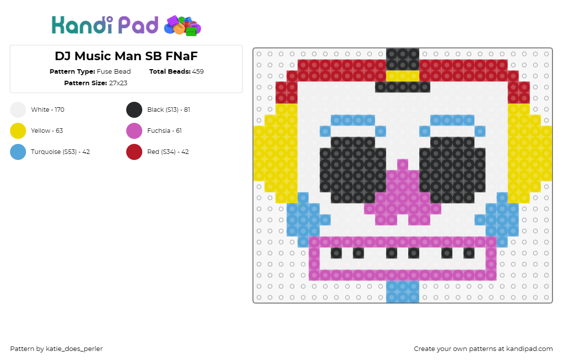 DJ Music Man SB FNaF - Fuse Bead Pattern by katie_does_perler on Kandi Pad - dj music man,fnaf,five nights at freddys,robot,video game,character,horror,white