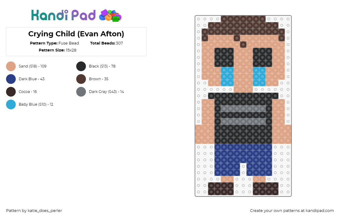 Crying Child (Evan Afton) - Fuse Bead Pattern by katie_does_perler on Kandi Pad - evan afton,crying child,fnaf,five nights at freddys,character,simple,black,tan,blue