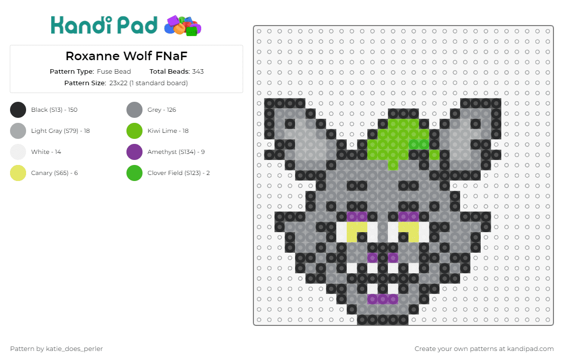 Roxanne Wolf FNaF - Fuse Bead Pattern by katie_does_perler on Kandi Pad - roxanne wolf,fnaf,five nights at freddys,video game,character,horror,gray
