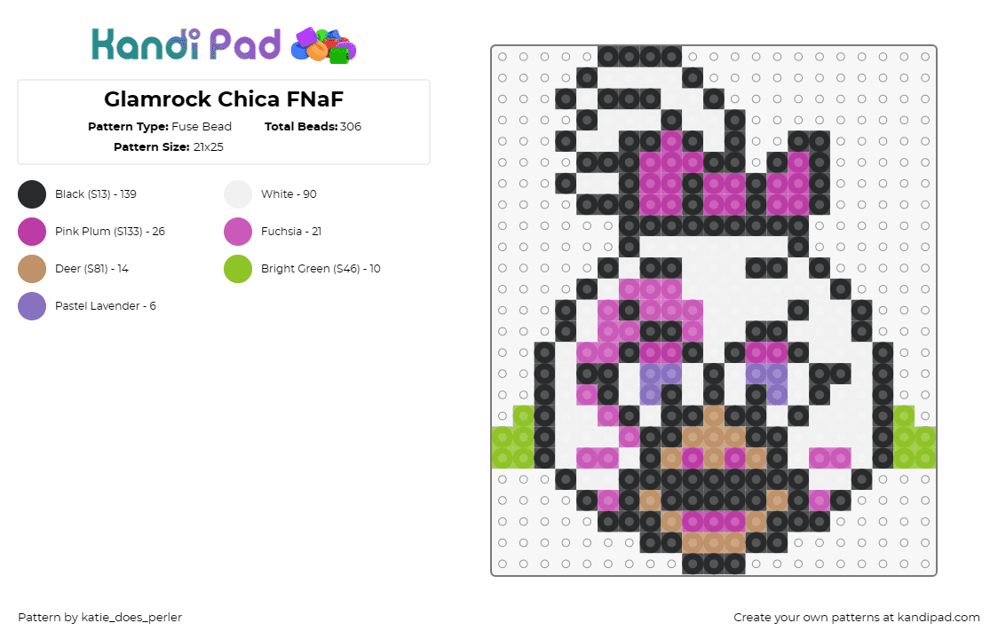 Glamrock Chica FNaF - Fuse Bead Pattern by katie_does_perler on Kandi Pad - chica,glamrock,fnaf,five nights at freddys,video game,character,horror,white,pin