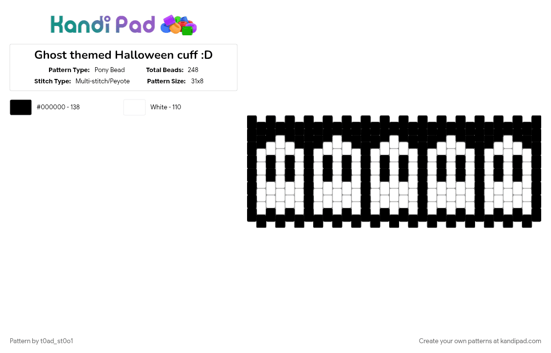 Ghost themed Halloween cuff :D - Pony Bead Pattern by t0ad_st0o1 on Kandi Pad - black, white