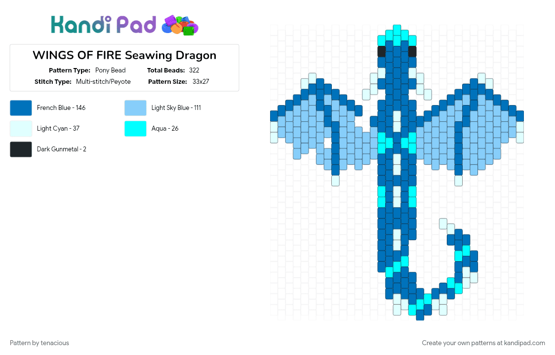 WINGS OF FIRE Seawing Dragon - Pony Bead Pattern by tenacious on Kandi Pad - blue, cotdadventurenovels, dragon, light blue, seawing, tsunami, wof