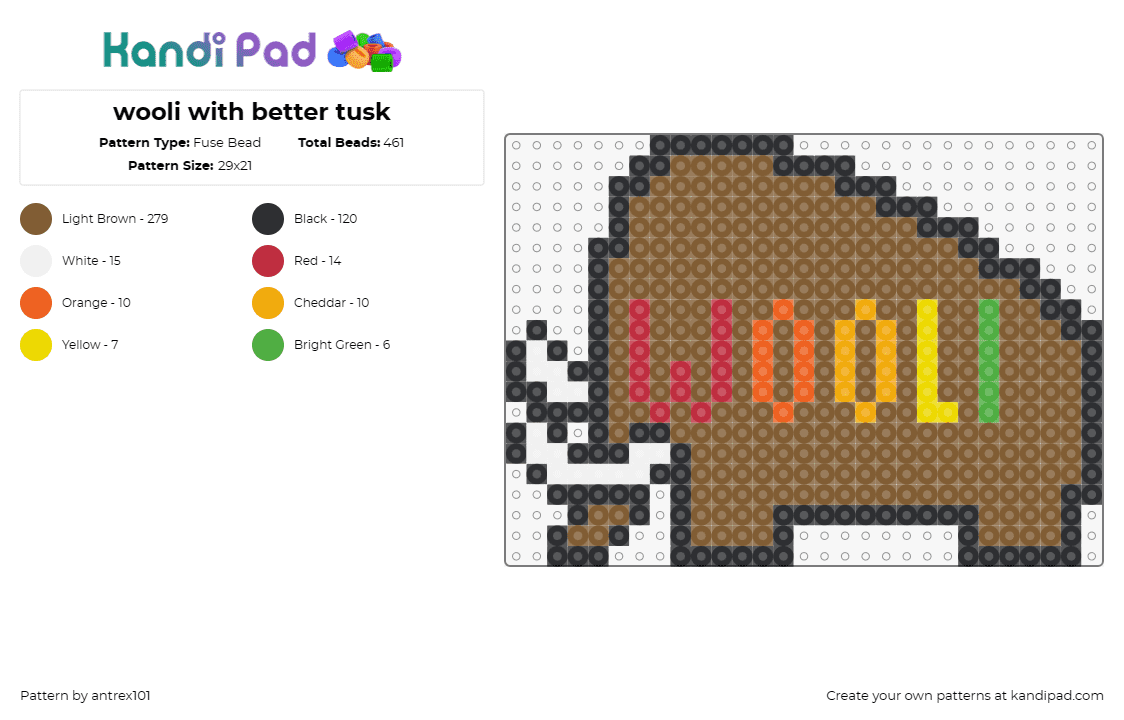 wooli with better tusk - Fuse Bead Pattern by antrex101 on Kandi Pad - wooli,mammoth,text,dj,music,edm,animal,logo,colorful,brown