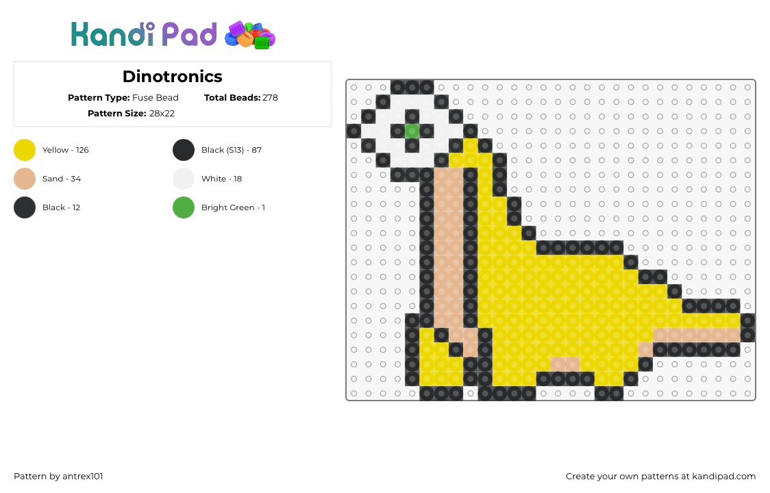 Dinotronics - Fuse Bead Pattern by antrex101 on Kandi Pad - subtronics,excision,cyclops,dinosaur,brontosaurus,mashup,dj,edm,dubstep,music,yellow,white,tan