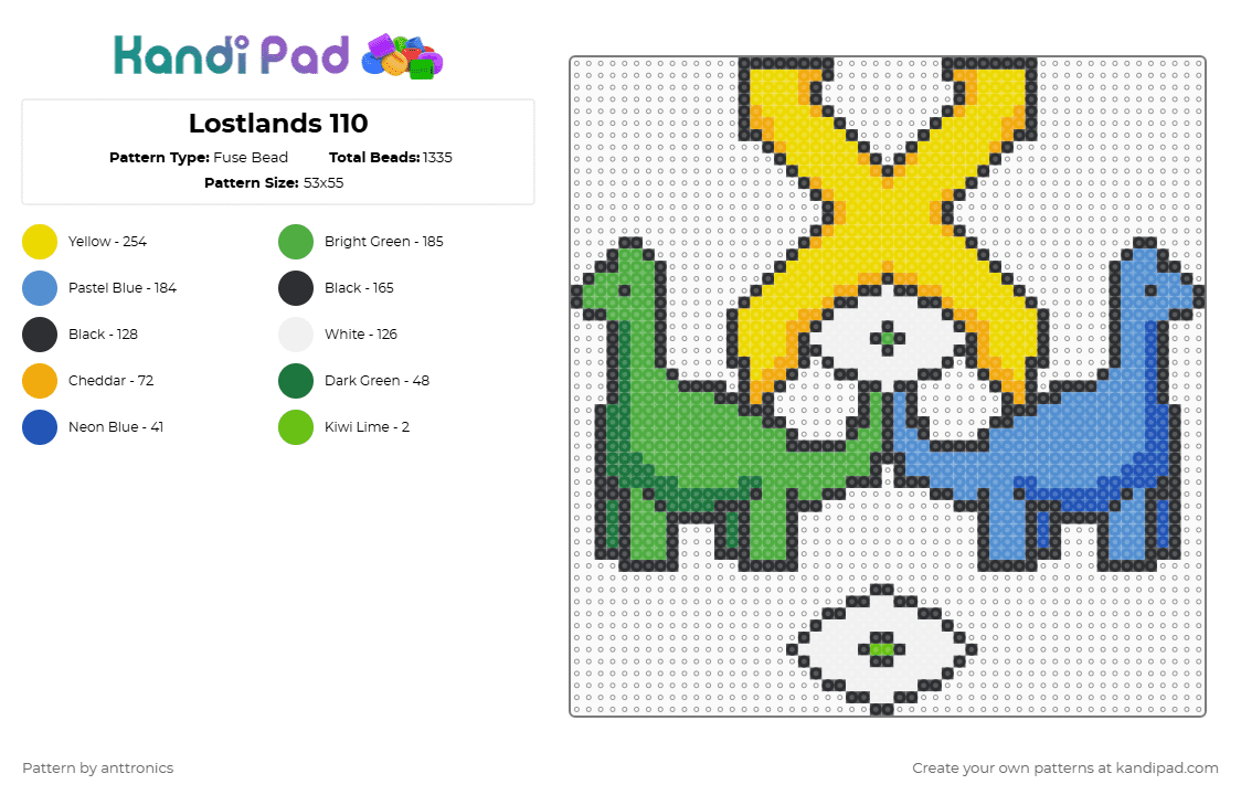 Lostlands (2025) Generic Duo Perler - Fuse Bead Pattern by anttronics on Kandi Pad - lost lands,excision,dinosaurs,music,dj,festival,rave,light blue,green,yellow,cotdsymmetry,edm,lostlands