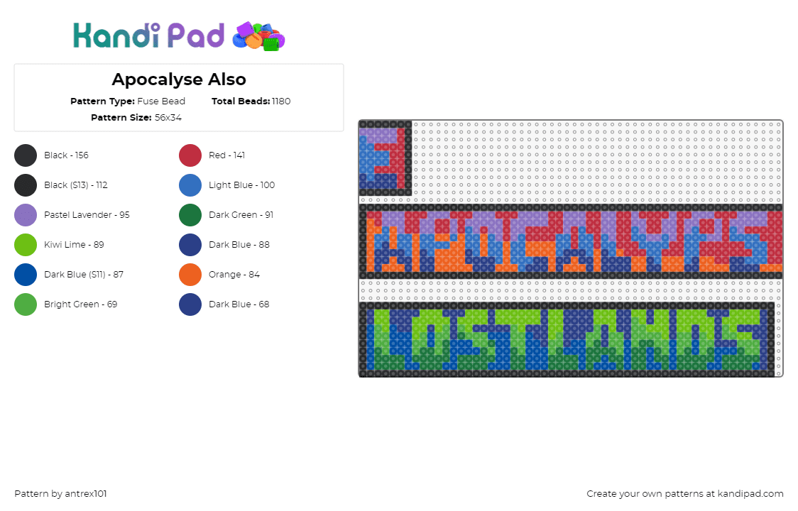 Apocalyse Also - Fuse Bead Pattern by antrex101 on Kandi Pad - lost lands,apocalypse,festival,music,sign,banner,logo,text,edm,colorful,orange,purple,green,blue