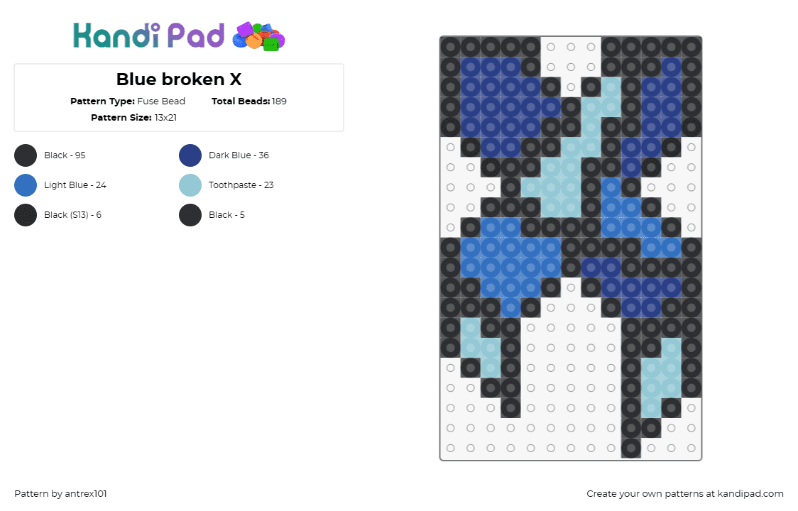 Blue broken X - Fuse Bead Pattern by antrex101 on Kandi Pad - excision,logo,x,stained glass,dj,edm,music,dubstep,blue,light blue